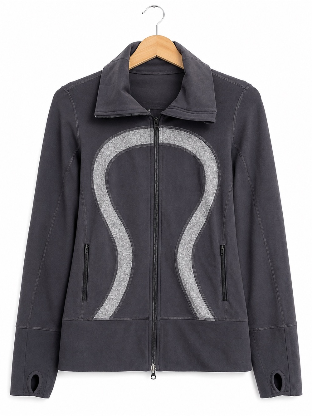 Lululemon Vintage Stride Jacket Size 8 Gray Thumbholes Metal Logo Zip